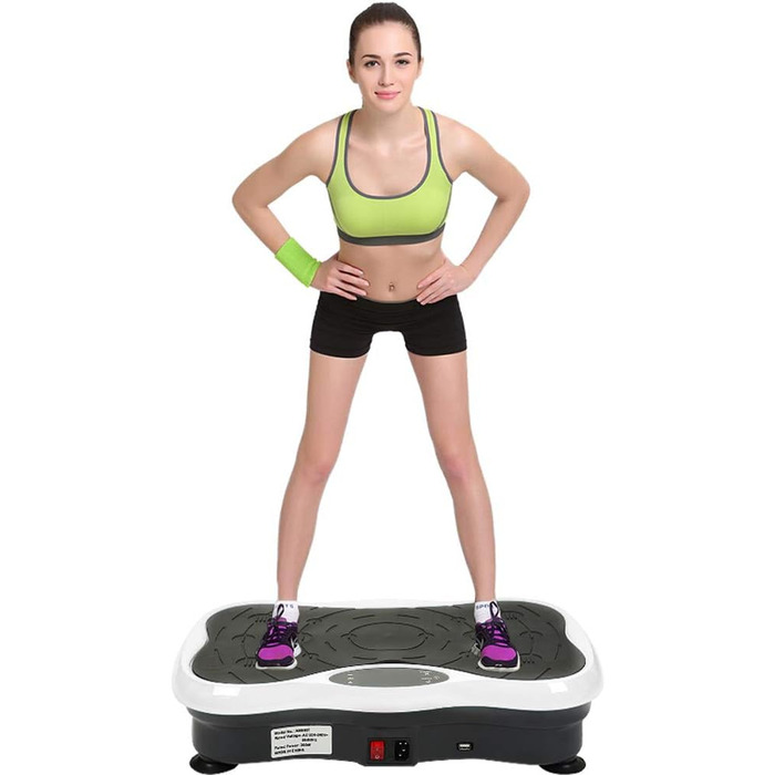 Вібраційна платформа для фітнесу з LCD-дисплеєм, пультом дистанційного керування, еластичними стрічками та Bluetooth-динаміком (чорний/білий)