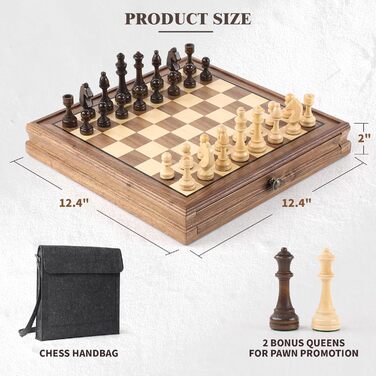 Магнітний шаховий та шашки з горіхового дерева – 2-в-1 набір, з ящиком для зберігання, 2 фігури для шашок, 24 шашкових фігури – дерев'яний шаховий набір для дітей та дорослих