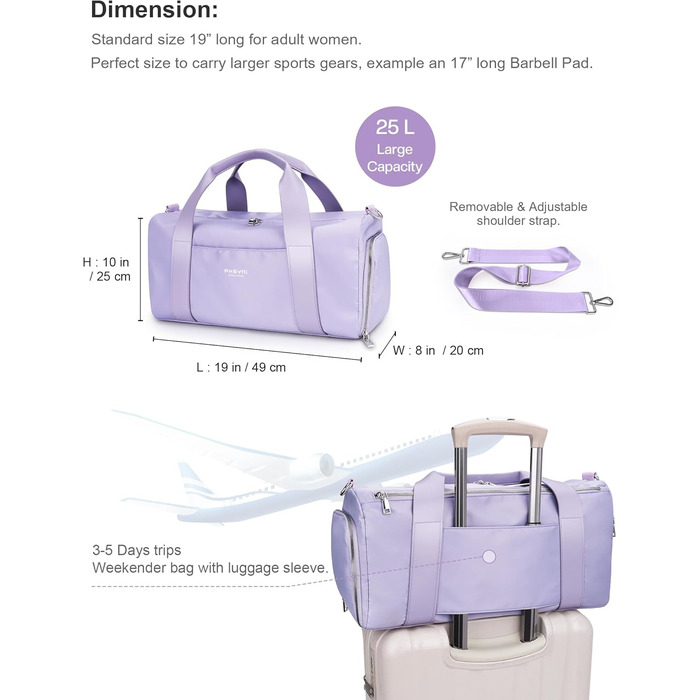 Спортивна сумка 16 дюймів для жінок та дітей з відділенням для взуття та водонепроникним розділенням. Підходить для фітнесу, танців, плавання та подорожей, фіолетового кольору.