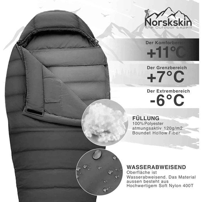 Спальний мішок Mumienschlafsack Norskskin Ultralight 205 Grau - екстремальний (-6°C), з'єднується, з кишенею для подушки, лівий блискавка
