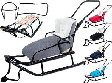 Металевий санний Oslo з підніжкою, ременями безпеки, ручкою для штовхання та мішком для ніг. Ідеальний для дітей та дорослих. Максимальне навантаження 120 кг. Колір: сірий