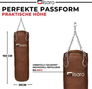 Боксерський мішок Lisaro Profi 150 см | Для будь-якого виду спорту | 40 кг | З наповнювачем/без наповнювача | Сталева ланцюгова підвіска | Штучна шкіра (вініл) | Студійна якість | Колір: Коричневий