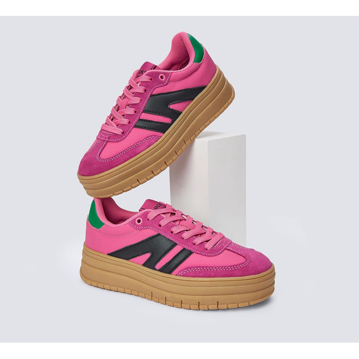 Кросівки LUCKY STEP Plateau Sneaker для жінок - платформа, канвас, ретро стиль, низький профіль, комфортні для повсякденного носіння, бежево-зелені (36 EU, фуксія, чорний)
