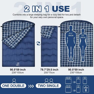 Спальний мішок Baumwolle для двох дорослих, зимовий, водонепроникний, теплий, Queen Size, для кемпінгу та подорожей на автодомі (Блакитний)