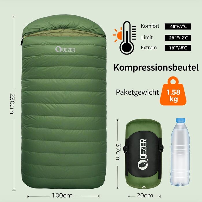 Сплячий мішок XXL з пуху на 3-4 сезони, 230x100 см, для дорослих, кемпінг, трекінг, подорожі (зелений)