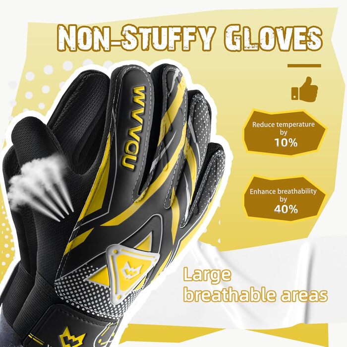Воротарські рукавички WVVOU для дітей та підлітків, футбольні, з подвійним захистом, зручні, з супер зчепленням (жовті, розмір 9)