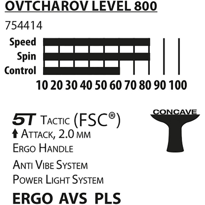 Настільний тенісний ракетка Donic-Schildkröt Ovtcharov 800 FSC, AVS, PLS, ергономічна ручка, 2,0 мм губка, FSC дерево, ITTF покриття, універсальний розмір