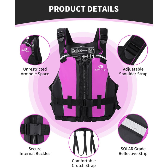 Спасальний жилет Owntop для дорослих, рожевий, M-L. Легкий жилет з піни, унісекс, для SUP, каякінгу, риболовлі, вітрильного спорту, каное.