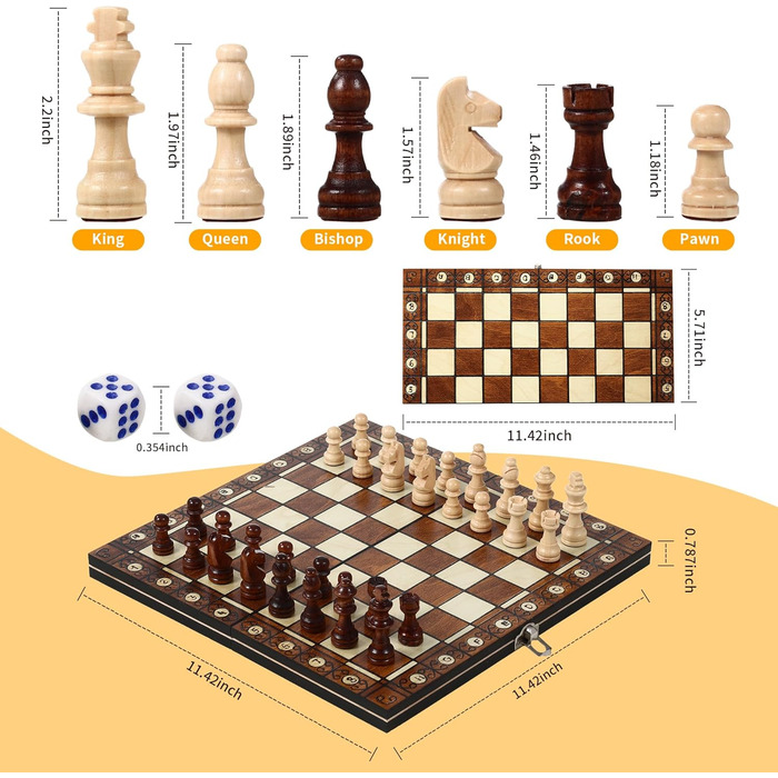 Магнітна шахова дошка 3-в-1 з дерева, 29 x 29 см. Шахи для дітей, для подорожей та сімейних ігор