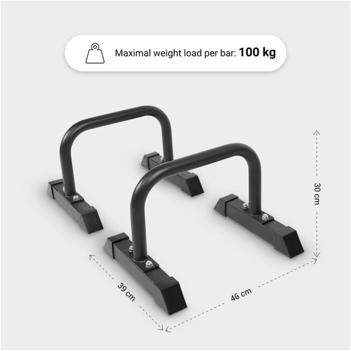 Паралетси для фітнесу GORILLA SPORTS, сталеві, 2 шт, 46x39x30 см, до 200 кг, нековзні, для віджимань, стійки на руках, калістеніки, чорні