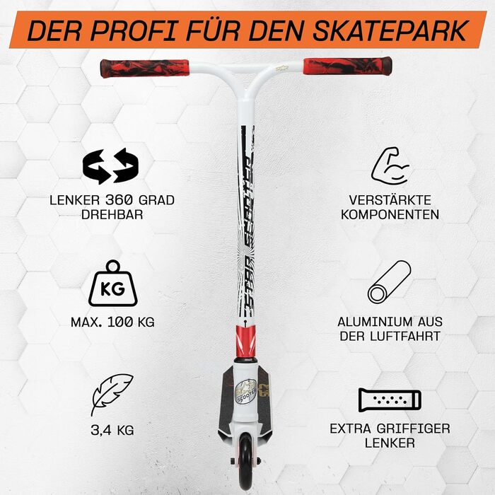 Самокат трюковий STAR SCOOTER Professional Freestyle (біло-червоний) з підшипниками ABEC-9, алюмінієвий, для дітей та підлітків від 8 років