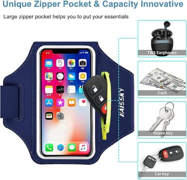 Спортивний браслет на руку для бігу з відділенням для навушників та ключей, тримач для телефону, браслет для бігу з кишенею для карт для iPhone 16 Pro Max/15 Pro/14/13 Pro/12 Plus, Marine (до 6.9 дюймів)