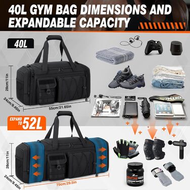 Спортивна сумка RAINSMORE 40L, водонепроникна, з відділенням для взуття, для чоловіків та жінок, чорна