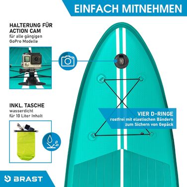 Надувний SUP Board BRAST Turtle | Комплект для станд-ап паддлбордингу | 320x81x15 см | 4 дизайни | 5 років гарантії | з аксесуарами | 2в1: SUP Board та каяк | з кріпленням для Action-Cam, петлею для ніг, рюкзаком | Колір: Туркіс