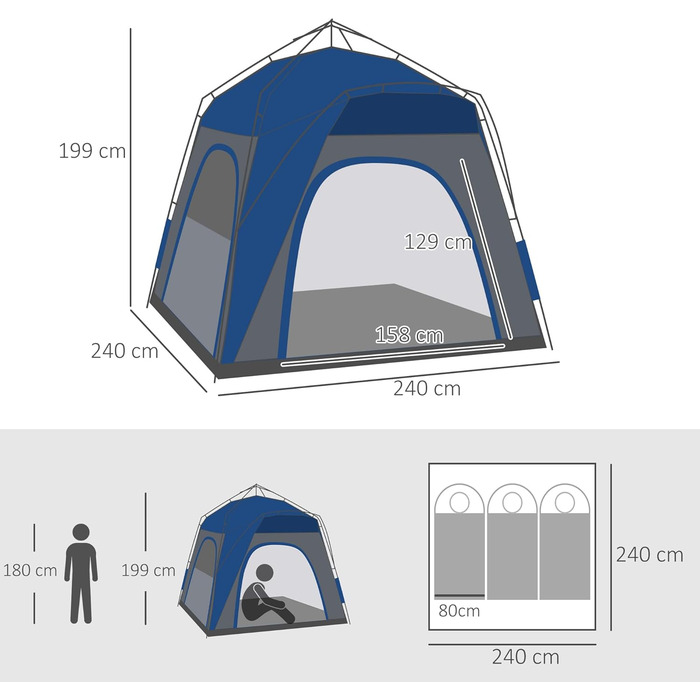 Намет Outsunny Pop-Up для 3 осіб, блакитний: кемпінговий, сімейний з UV 50+ захистом, водонепроникність 1000 мм