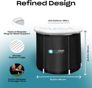 Надувна ванна Recovery Pod XL для криотерапії – льодяна ванна для спортсменів і дорослих з захисною кришкою, банним халатом, секундоміром та нековзким килимком