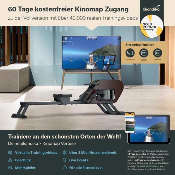 Гребний тренажер Skandika Nemo III Hybrid з водним та магнітним опором | 32 рівня електроніки, 15 програм, до 200 см, сумісний з додатком, дерев'яний | Фітнес-обладнання для дому