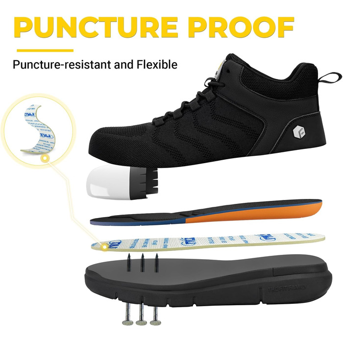 Черевики безпеки FitVille для чоловіків, X-широкі, з металевим носком, легкі, дихаючі, антипрокольні, протиковзкі, чорні, 47 EU