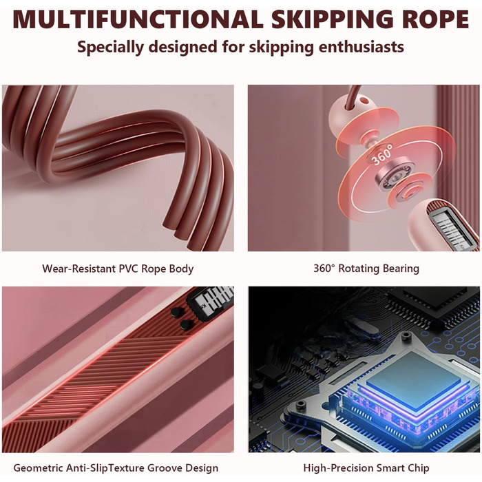 Стрибкове канат Flintronic з лічильником, регульований, з підшипниками та неслизькими ручками, інтелектуальний, з вагою, для тренувань, фітнесу, боксу, рожевий #5