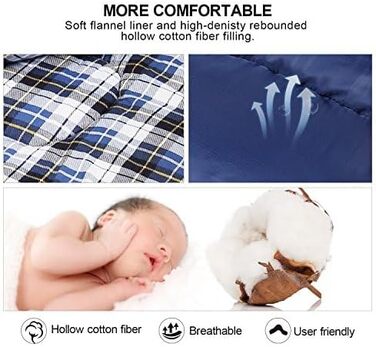 Спальний мішок REDCAMP XL з бавовни, теплий, знімний капюшон, фланелевий, компактний, 3-4 сезони, для дорослих та дітей, для кемпінгу, риболовлі, зимовий, блакитний, з наповнювачем 2lbs/3lbs