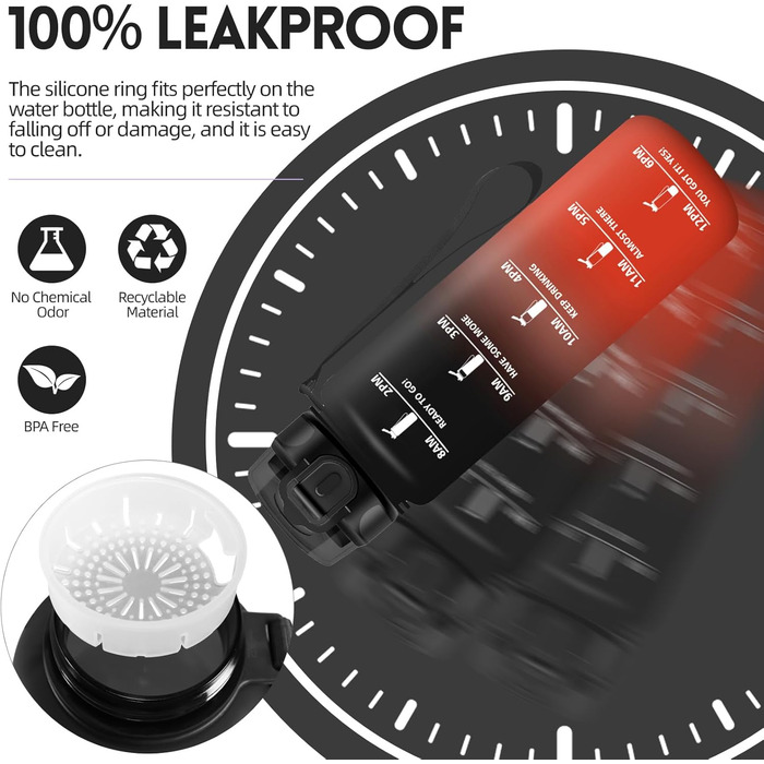Фляга для води HoneyHolly 1л з фільтром, з маркуванням часу, чорно-червона, для спорту, вело, йоги, активного відпочинку