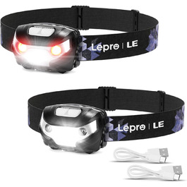 Налобний ліхтар Lepro LE, 1300 Lux, перезаряджається, з червоним світлом, 5 режимів, IPX4, USB, 2 шт. для риболовлі, кемпінгу, бігу