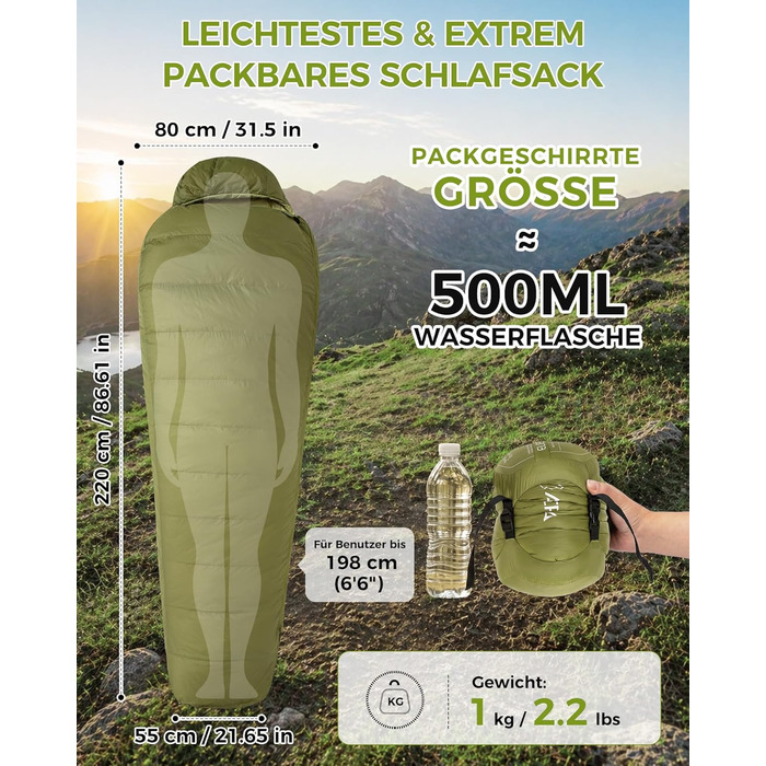 Спальник ATEPA 700FP для дорослих, ультралегкий 0°C (RDS пух, 15D Nylon, для кемпінгу, туризму, альпінізму), зелений