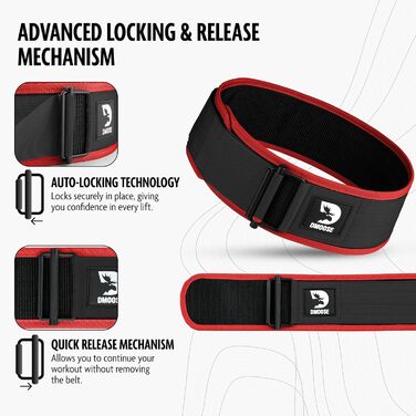 Пояс для важкої атлетики Dmoose 4' з автозамком, нейлоновий, для бодібілдингу, кросфіту, пауерліфтингу та тренувань, підтримка спини, чоловічий/жіночий, розмір XX-Large (талія 114-124 см), чорний/червоний