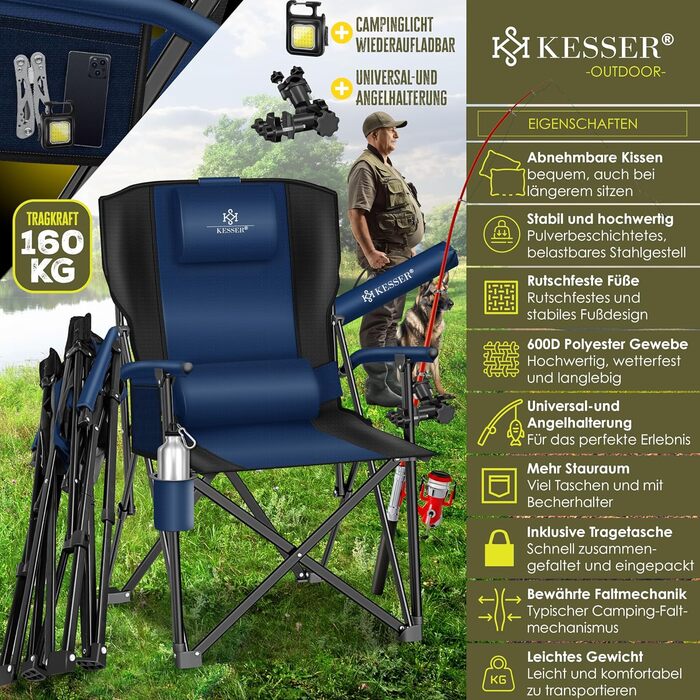 Крісло для кемпінгу KESSER® розкладне, 160 кг | Зручне рибальське крісло з підлокітниками, кишенею для напоїв та світлом | Для відпочинку на природі, пляжі, риболовлі | Navy Blue / Black
