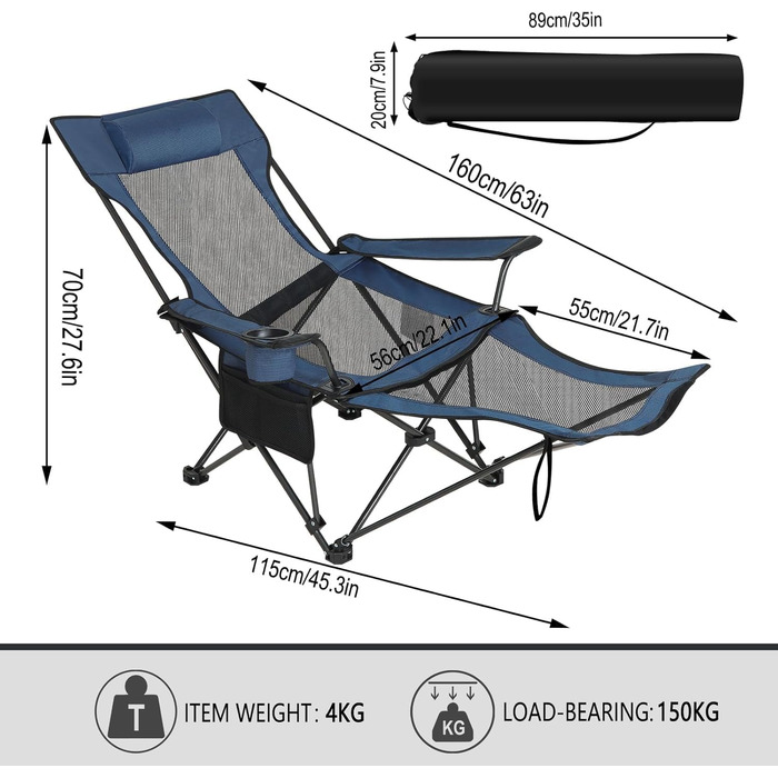 Складний стілець для кемпінгу eSituro, риболовний стілець, стілець для відпочинку з підставкою для ніг та тримачем для напоїв, пляжний стілець з регульованою спинкою (2 шт., блакитний)