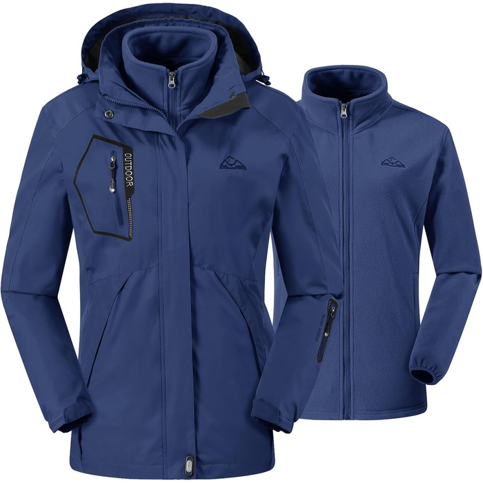 Жіноча зимова куртка 3-в-1 з флісовою підкладкою та водонепроникною вітрозахисною курткою, знімний капюшон (Синій, XXL)
