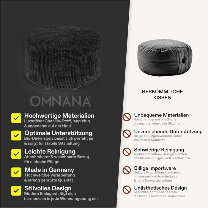 Крісло для медитації Cushy™ Meditationskissen – кругле, 10/15/20 см – з льоноподібної тканини та наповнювачем з пшениці – для медитації та релаксації. Зроблено в Німеччині (20 см, Mythos Black)