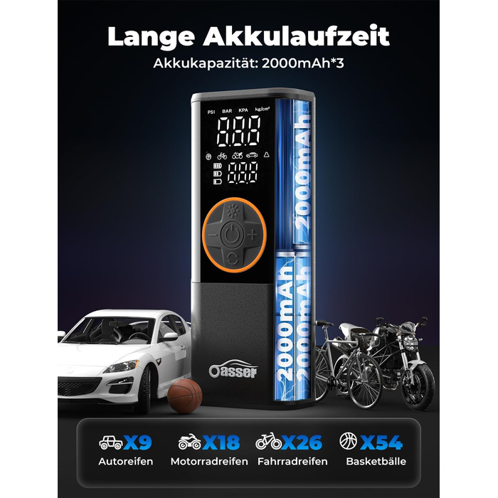 Електричний компресор Oasser з акумулятором 6000mAh, 150 PSI, з двома дисплеями, для авто, мото, велосипеда, м'ячів, подорожей та кемпінгу