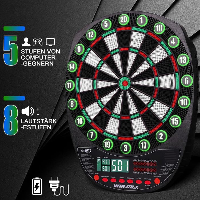 Електронний дартс WIN.MAX Profi Set: 34 гри, 354 варіанти, 3 мови (Deutsch, English, Français), 1-8 гравців, 12 дротиків (зелені та червоні) з підсвіткою
