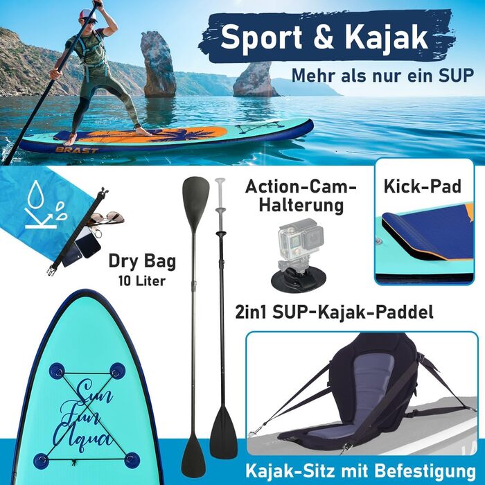Надувний SUP Борд BRAST Tropic | Комплект для станд ап паддлбордингу | 320x81x15 см | 6 дизайнів | 5 років гарантії | з аксесуарами | 2в1: SUP та каяк | тримач для Action-Cam, лапка, насос, рюкзак | Гаваї
