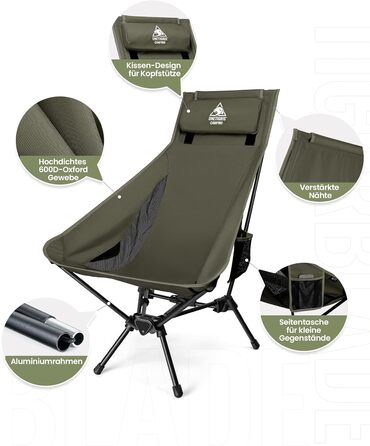 Стілець для кемпінгу OneTigris TIGERBLADE, висока спинка, 170 кг, складний, легкий, трикутник, риболовний, з кишенями, для відпочинку на природі, походів (Ranger Green)