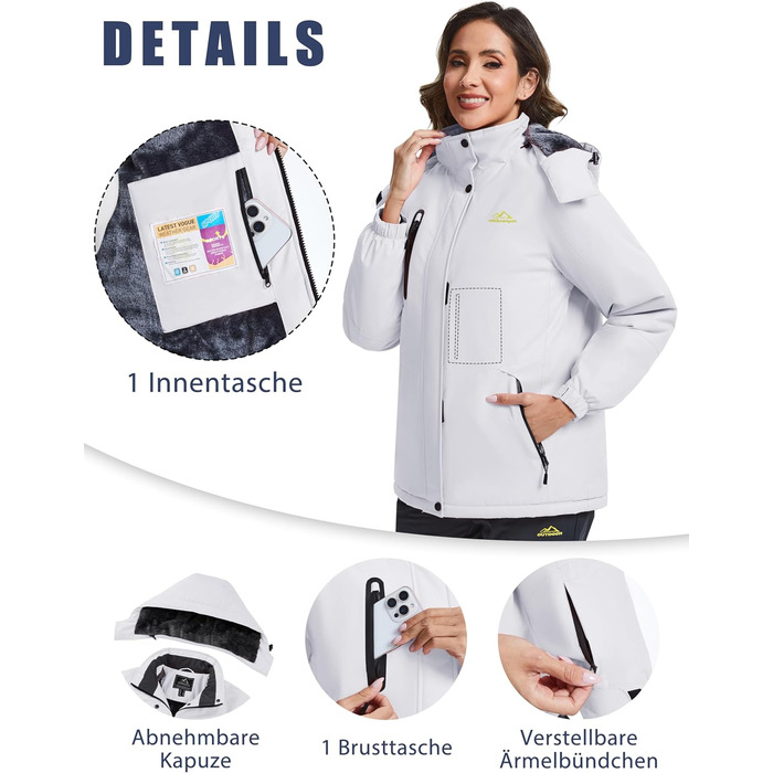 TACVASEN Зимова куртка для жінок, водонепроникна, з флісовою підкладкою, знімний капюшон, для сноуборду та катання на лижах, біла, розмір M