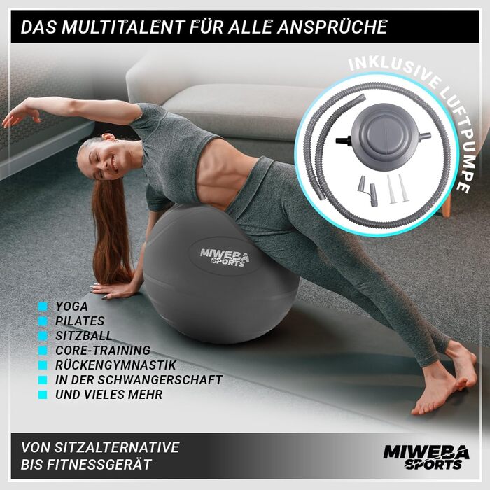 Гімнастичний м'яч Miweba Sports GB-100, 65 см, до 400 кг, сірої, з ПВХ — фітнесбол, ергономічний м'яч-стілець для офісу та тренувань