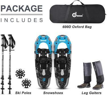 Снігоступи Odoland Allround 4 в 1 для жінок та чоловіків з трекінговими палками, водонепроникними гетрами та сумкою, розмір 21/25/30 дюймів (синій + чорний)