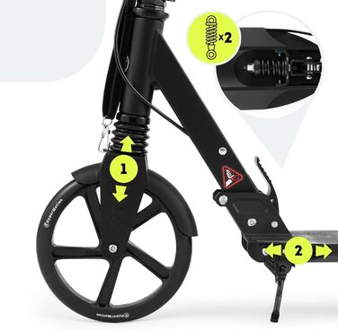 Самокат дитячий та підлітковий HyperMotion Vibe алюмінієвий, до 100 кг, складний, з регульованим кермом, колеса 200 мм, підшипники ABEC-7, чорний з дизайном черепа