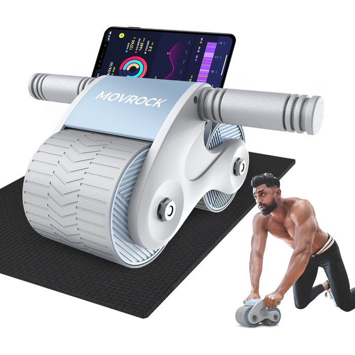 Ролик для пресу з автоматичним відкатом для дому, стабільний тренажер для пресу, з наколінниками, для тренування пресу та сили, світло-блакитний