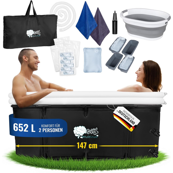Зручна складана ванна для дорослих 147x74x60 см – комплект з аксесуарами для теплої та холодної ванни, портативна, для дому та відпочинку на природі, чорно-біла, MelodieGesund