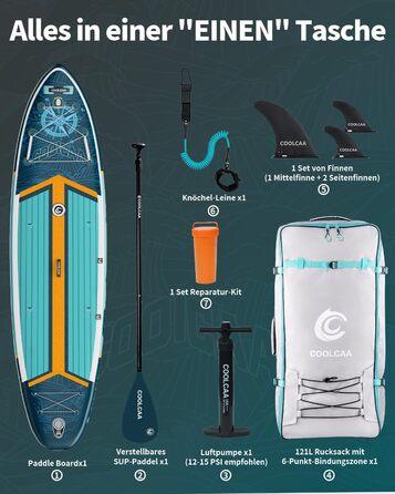 SUP дошка COOLCAA 355 см (Extra Large) надувна, з аксесуарами та сумкою для перенесення, вантажопідйомність 222 кг, для дорослих, для фішингу