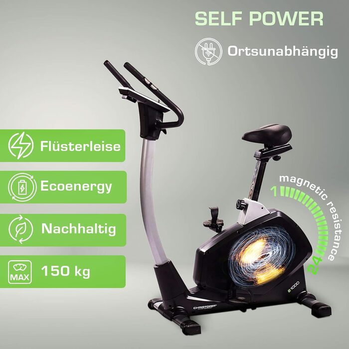 Велотренажер Christopeit Sport Eco 1000 з генератором, магнітною системою гальмування, USB, підтримкою Kinomap, до 150 кг