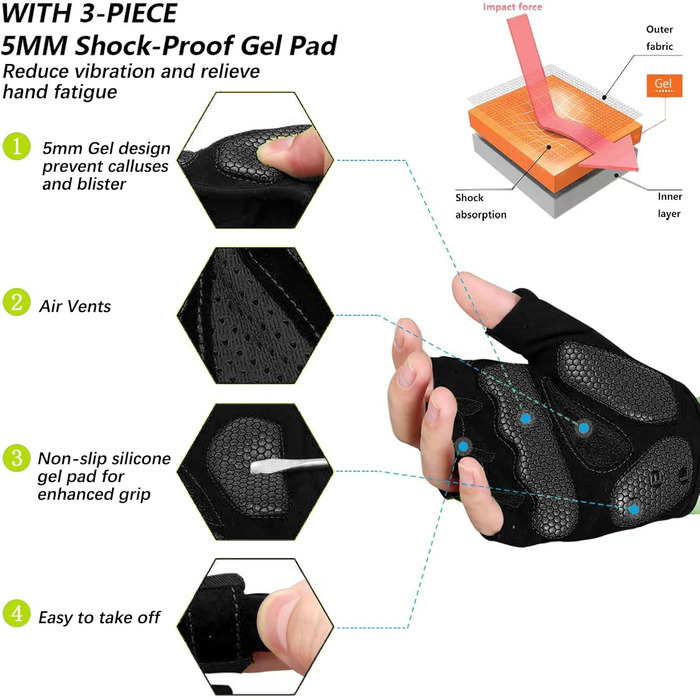 Велосипедні рукавички BIKINGMOREOK: півпальчикові, дихаючі, з гелевою амортизацією, для MTB та шосе, чорні, унісекс