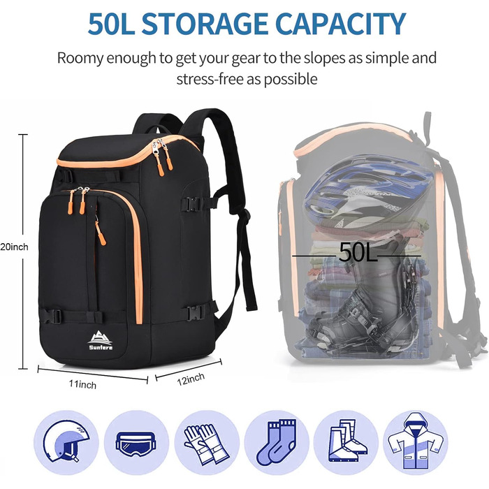 Чохол для лиж чорного кольору, терморюкзак, 50 л, водонепроникний. Підходить для сноуборду, лижного спорядження, шолому, маски, рукавичок, аксесуарів. Для підлітків та чоловіків. Оранжево-чорний колір.