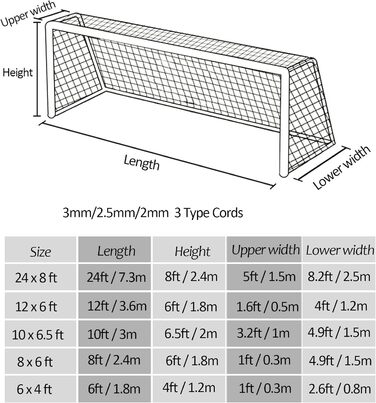 Сітка для футбольних воріт Aoneky 7,3x2,4/4,9x2,1/3,6x1,8/3x2/2,4x1,8/1,8x1,2 м, змінна, аксесуар для тренувань, без воріт, 2мм, біла
