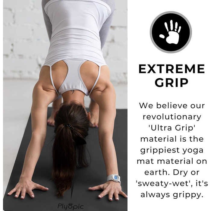 Килимок для йоги Plyopic Ultra-Grip Pro – нековзкий, комфортний, стійкий до поту, з розміткою. Підходить для йоги, джоги, пілатесу, бікрам-йоги та хот-йоги. Чорний колір (Midline)