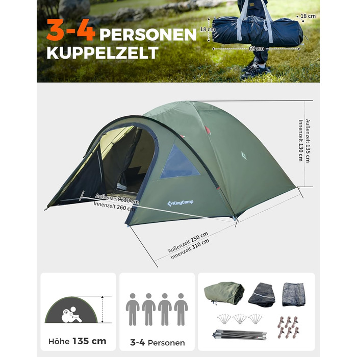 Намет KingCamp для кемпінгу на 4 особи: просторий, водонепроникний (PU3000mm), для трекінгу та відпочинку на природі (зелений)