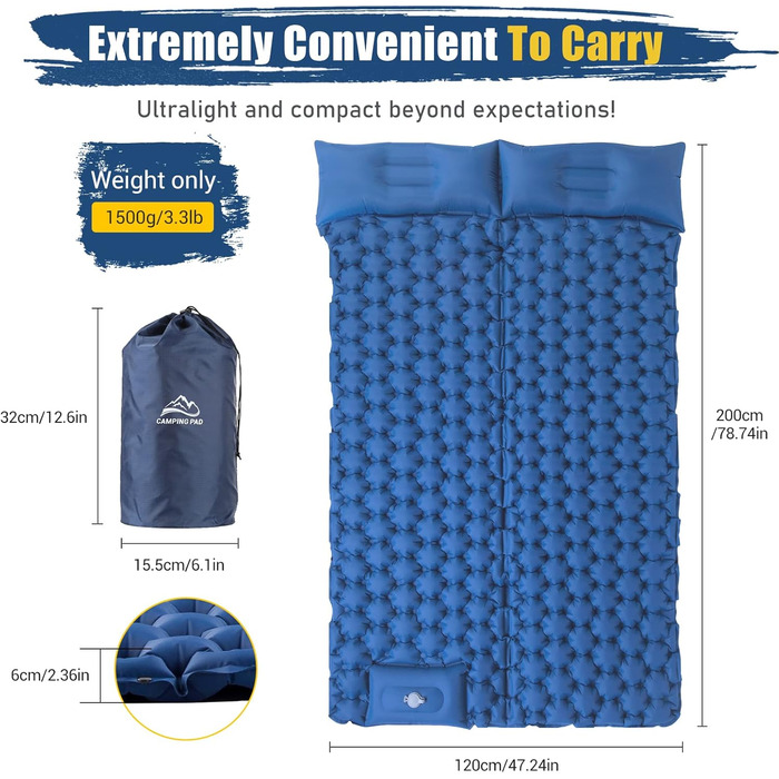 Килимок для кемпінгу Elegear Isomatte 2 особи, надувний, 120x200 см, для туризму та відпочинку на природі
